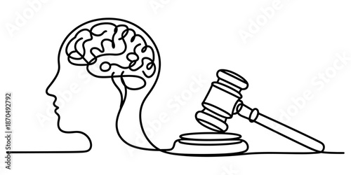 Continuous line drawing of a human head with a brain connected to a judge's gavel symbolizing justice and mental health Vector, illustration