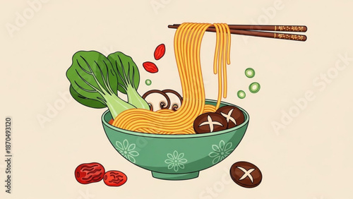 Delicious bowl of noodles with mushrooms and vegetables being picked up with chopsticks on a beige background with food and asian and cuisine