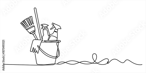 Continuous line drawing of cleaning supplies in a bucket on a white background Vector, illustration