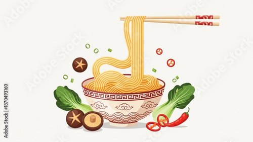 A steaming bowl of noodles with chopsticks surrounded by vegetables and spices on a white background for culinary or cultural concepts with food