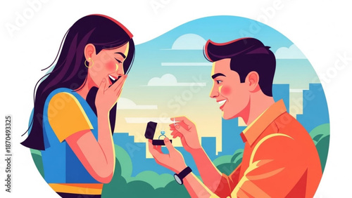 Man proposing to woman with engagement ring happy couple celebrating surprise proposal romantic moment with city skyline background
