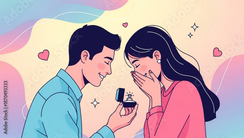 Man proposing with engagement ring to happy woman romantic proposal scene illustration for wedding and relationship concepts