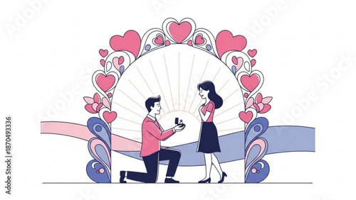 Man proposing marriage to woman with ring romantic proposal scene with decorative hearts and flowers illustration for wedding and engagement concepts