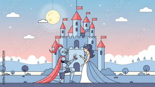 Knight proposing to princess in front of a castle fairytale romance scene with a romantic proposal perfect for storybook illustrations and fantasy themes