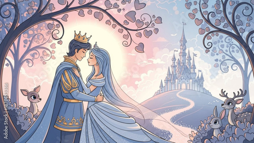 Fairytale couple embracing in enchanted forest with castle romantic love story concept illustration for childrens books and fantasy themes