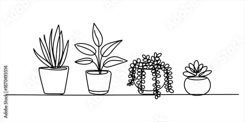 A continuous line art drawing illustrating a collection of various potted houseplants Vector, illustration