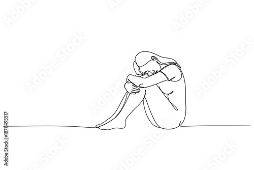 Continuous Line Drawing of a Depressed Woman Hugging Her Knees, Symbolizing Loneliness and Mental Distress