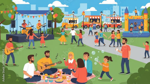 A lively outdoor festival with people enjoying music food and fun in a park on a sunny day with a stage and food trucks with music festival and park celebration