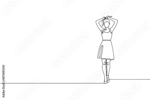 Continuous Line Drawing of a Young Woman Fixing Her Ponytail in a Stylish Dress