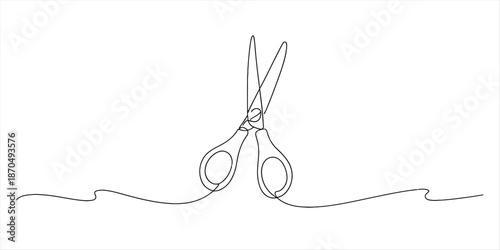Continuous single line drawing of open scissors cutting a wavy line in a minimalist style Vector, illustration