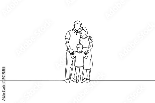 Continuous Line Drawing of Family Portrait- Father, Mother, and Son Standing Together