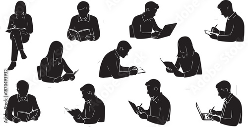 Silhouettes of people working on laptops and notebooks together
