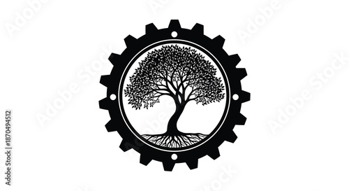 A striking emblem features a tree within a gear showcasing nature and industry silhouette