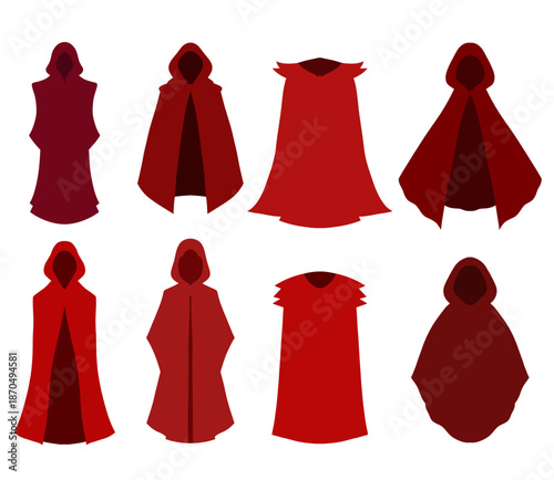 Vector set of red cloaks in various styles. A collection of wizard and dark master clothing. Clipart images of sorcerer costumes