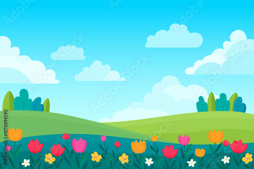 Beautiful spring landscape with flowers in green meadows and a blue sky with clouds. Vector illustration of a spring natural landscape for backgrounds and design.