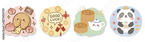 A collection of cute hand drawn kawaii Chinese New Year illustrations.