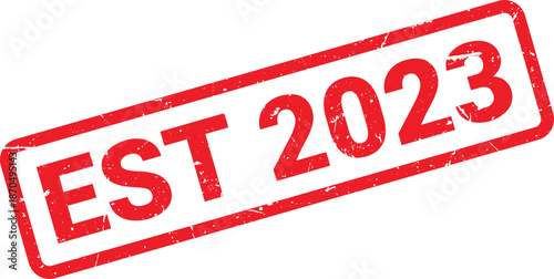 Distressed Red EST 2023 Rubber Stamp on White Background, Isolated CloseUp