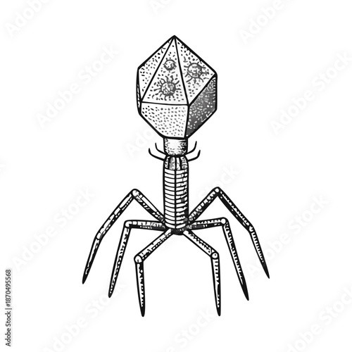 Detailed illustration of a bacteriophage virus structure against a black background