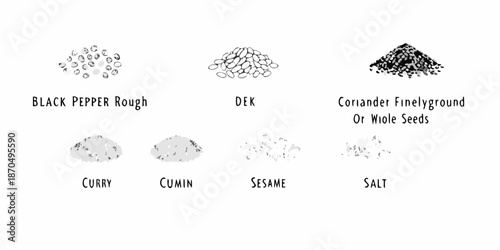 Illustrative depiction of various spices and seasonings in rough and fine forms