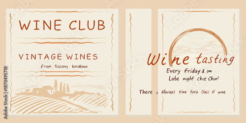 Wine club promotional cards featuring vintage wines and tasting event details