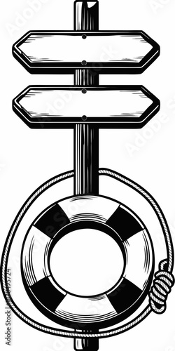 A vintage nautical signpost featuring a life preserver and directional arrows