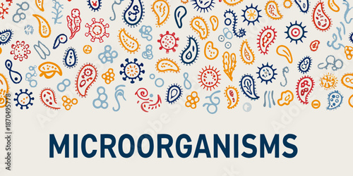Colorful pattern of various microorganisms and bacterial shapes on a light background