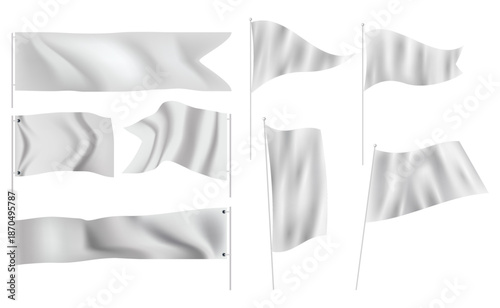 Realistic White Fabric Flags Collection with Waving Cloth Texture
