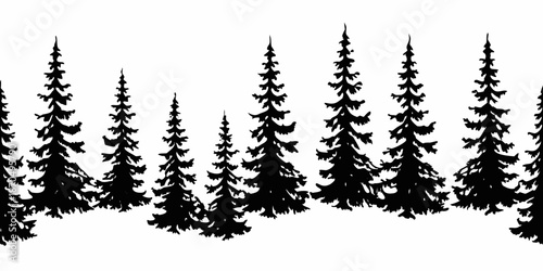 A silhouette of coniferous trees against a stark white background