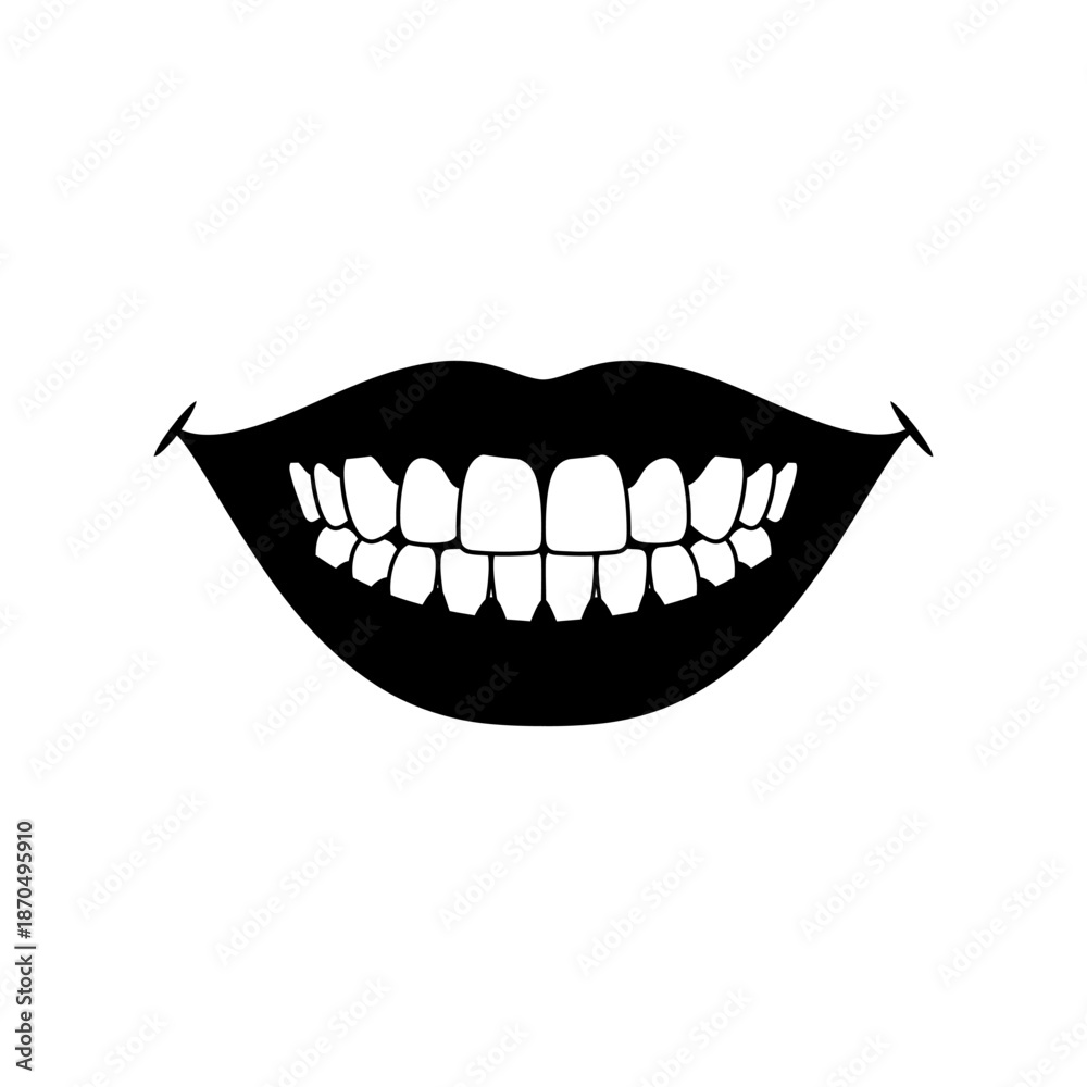 Naklejka premium Black solid silhouette icon of a smiling mouth with healthy teeth, simple shape, flat vector style, minimal detail