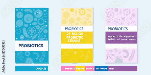 Probiotic supplement packaging designs with colorful patterns and health benefit claims