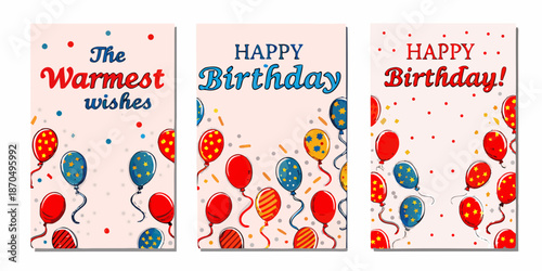 Colorful birthday cards with balloons and confetti displaying warm wishes