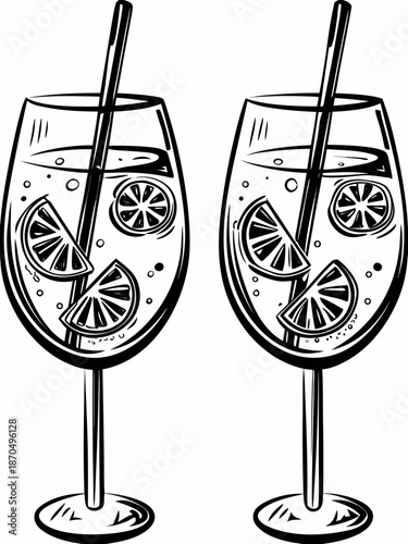 Two glasses of sparkling citrus beverage with lemon slices and straws