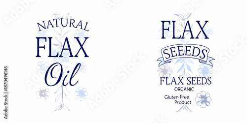 Natural flax oil and flax seeds product labels with ornate designs