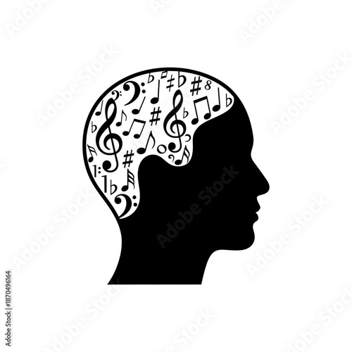 Silhouette icon of a human head with musical notes inside, solid black color, flat vector style, no outline, World Music Therapy Day concept
