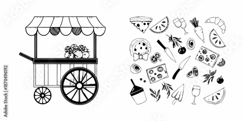 A charming food cart illustration with fruits pastries and beverage sketches