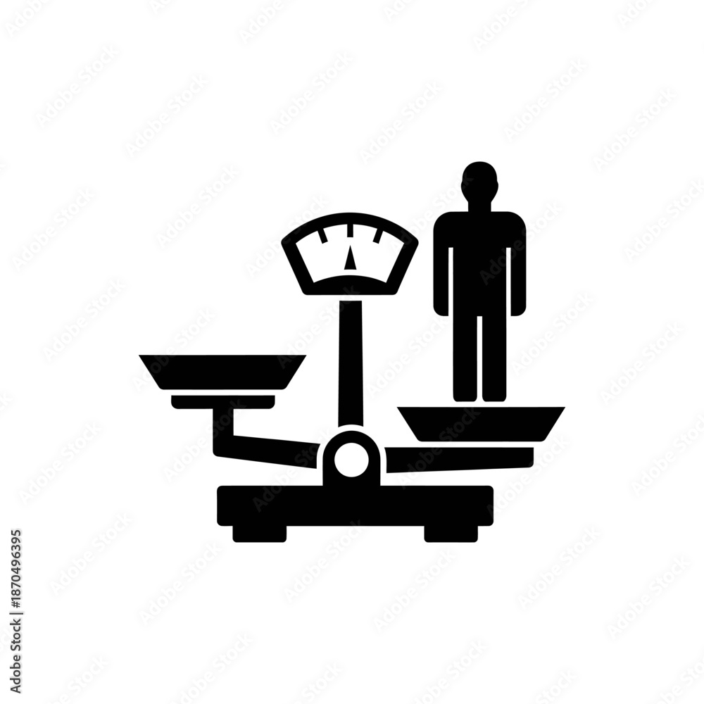 Fototapeta premium Solid black silhouette icon of a weighing scale with a human figure, flat vector style, simple shape, no details, World Obesity Day awareness