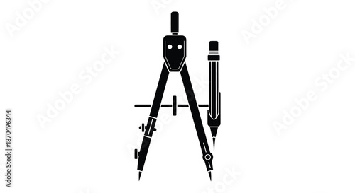 A striking black and white depiction of a drawing compass showcasing its geometric form silhouette