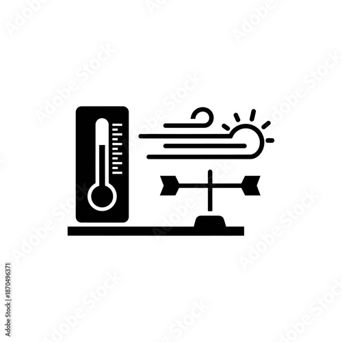 Vector silhouette icon of a weather station with thermometer and wind vane, solid black fill, single color, minimal design, no outline