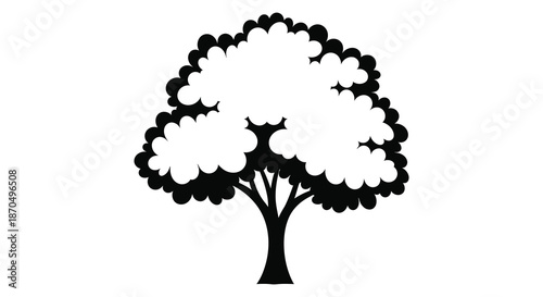 A striking black and white depiction of a lush full tree form a bold silhouette