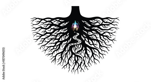 Symbolic tree roots with a glowing crystal and snake, representing growth and transformation.
