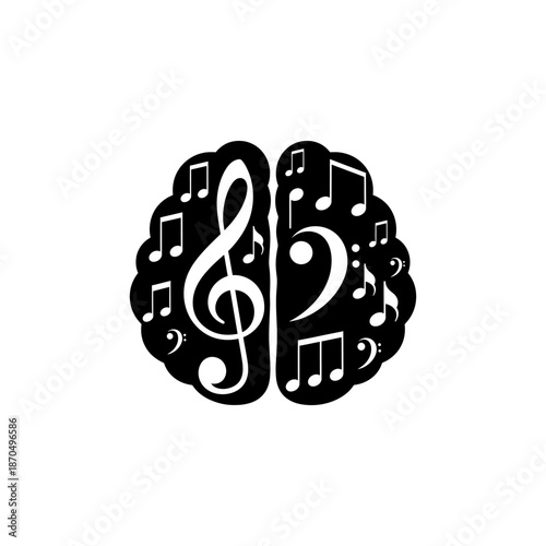 Silhouette icon of a brain combined with musical symbols, solid black color, flat vector, simple geometric shape