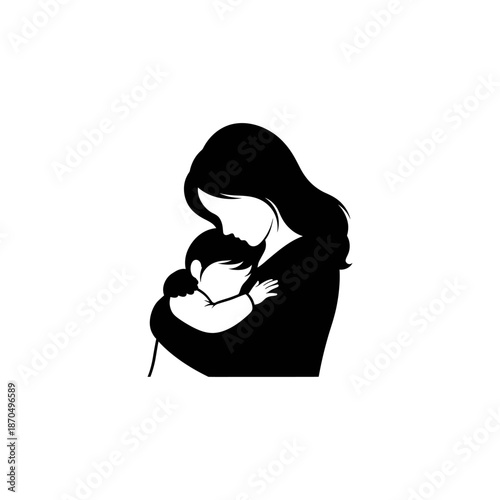 Silhouette icon of a mother holding a child, solid black color, single color fill, clean edges, minimal flat vector style, white background.
