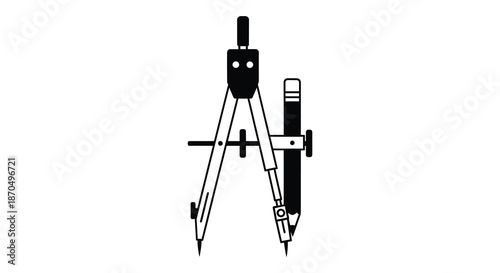 A striking black and white illustration of a drafting compass showcasing its precision and design silhouette