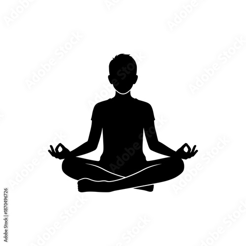Zen silhouette illustration of a young woman in lotus pose meditating at sunset for health and spiritual relaxation