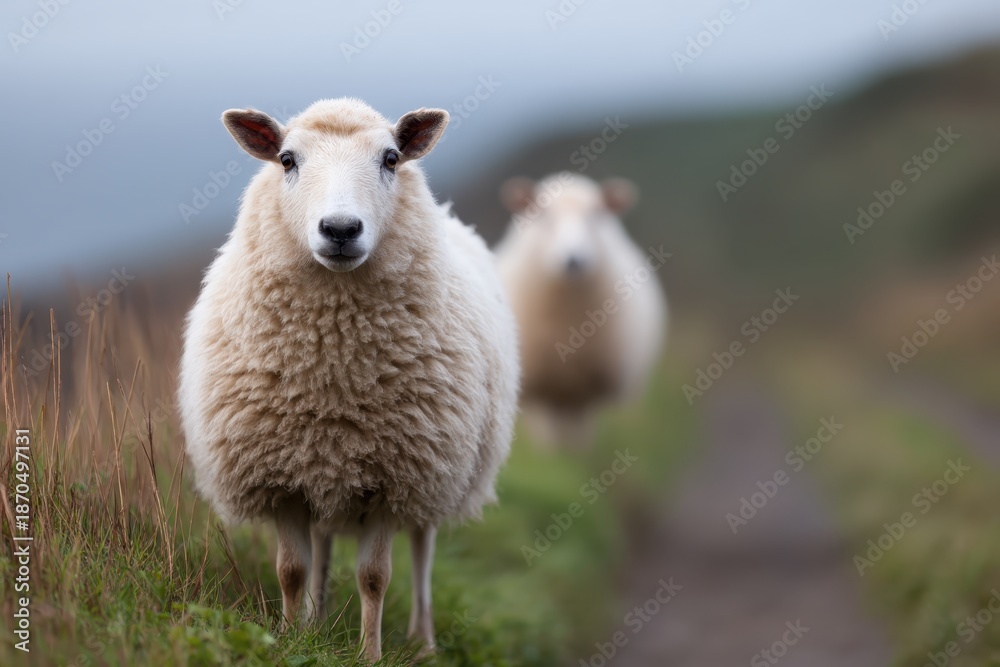 Fototapeta premium Farm Livestock Solitude concept. A sheep stands prominently on a grassy path in a rural landscape.