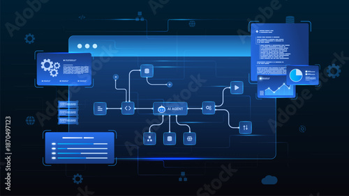 AI workflow automation artificial intelligence. ai agent network diagram dashboard machine learning, data pipeline and automation system.