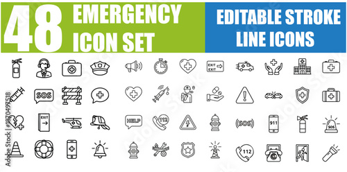 Emergency Icon Set - Ambulance, First Aid, Fire, Police, Siren, Alert, Warning, Danger, Accident, 911, SOS, Hazard, Injury, Urgent Care and More - Editable Line Icons, Vector Illustration for Adobe St