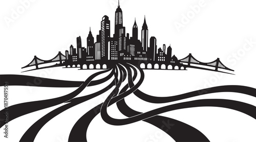 City Skyline with Roads and Bridges Illustration