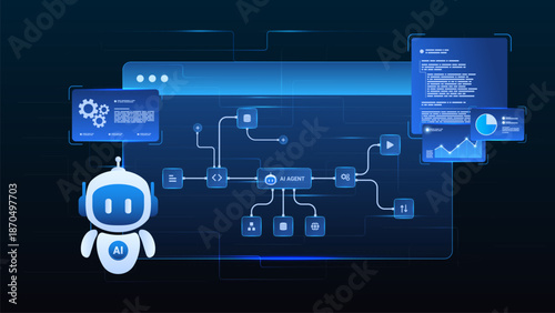 AI workflow automation artificial intelligence. ai agent network diagram dashboard featuring intelligent robot assistant, system architecture, analytics dashboards and automation system.
