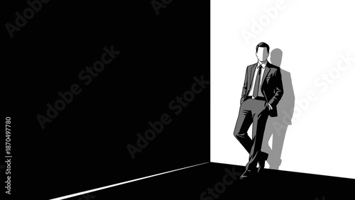 A man in a suit leans against a white wall in a stark black and white image, casting a long shadow.